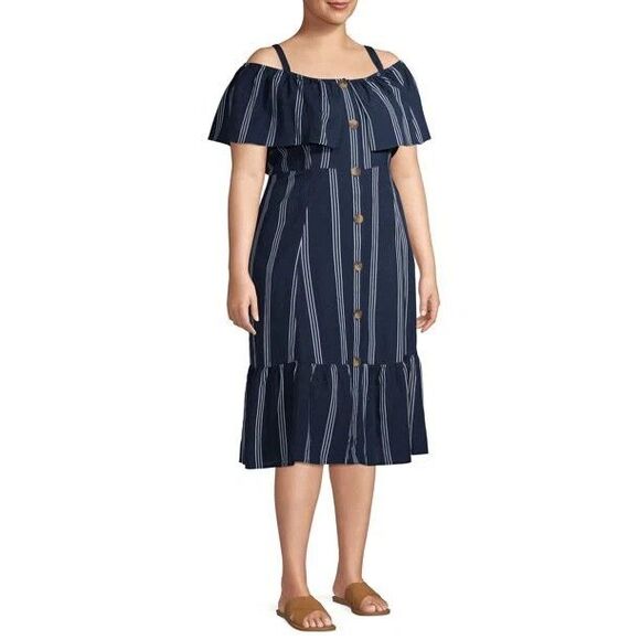 Terra & Sky Off the Shoulder Midi Dress Button Down Smocked Size 4X / 28W-30W - Picture 4 of 10